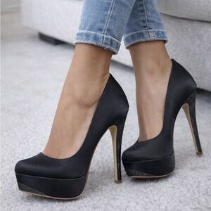 David Tutera Black GRAND Platform Glitter Heels Pumps